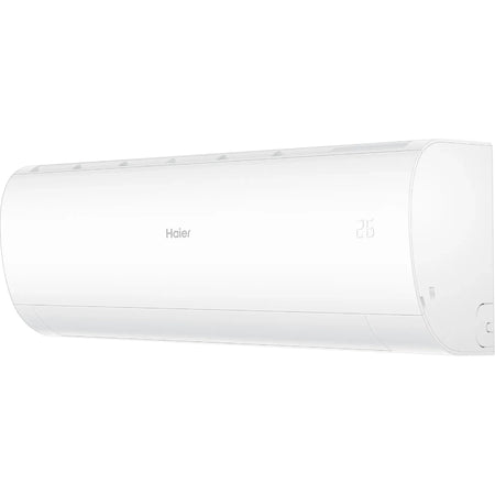 Haier Klimaanlage Wandgeraet Pearl Premium, weiss, schraeg von rechts mit Display-Anzeige 26 Grad | Klimaworld.com

