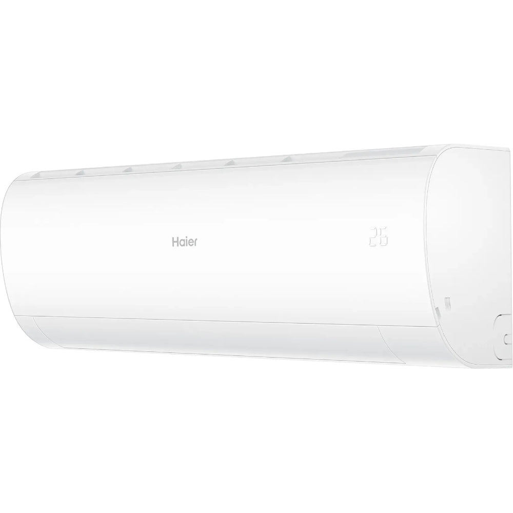 Haier Klimaanlage Wandgeraet Pearl Premium, weiss, schraeg von rechts mit Display-Anzeige 26 Grad | Klimaworld.com
