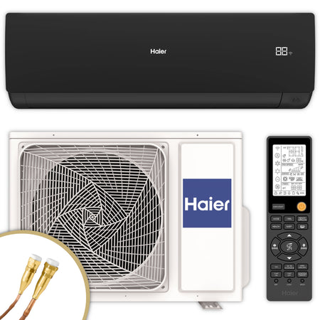 Haier Klimaanlage Serene Set mit schwarzem Innengeraet oben, weissem Aussengeraet unten und schwarzer Fernbedienung rechts, Quick-Connect Leitungen | Klimaworld.com