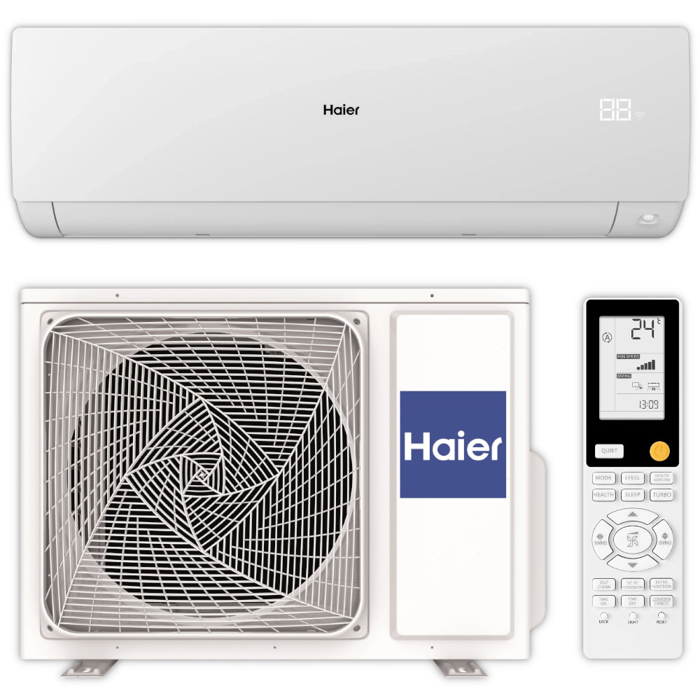 Haier Klimaanlage Serene Set mit Innengeraet oben, Aussengeraet unten und Fernbedienung rechts | Klimaworld.com