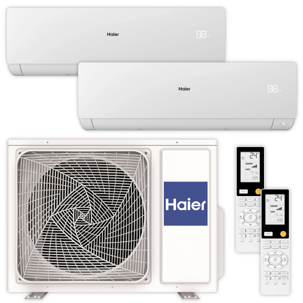 Haier Klimaanlage Serene Set mit zwei Innengeraeten oben, Aussengeraet unten und zwei Fernbedienung rechts | Klimaworld.com