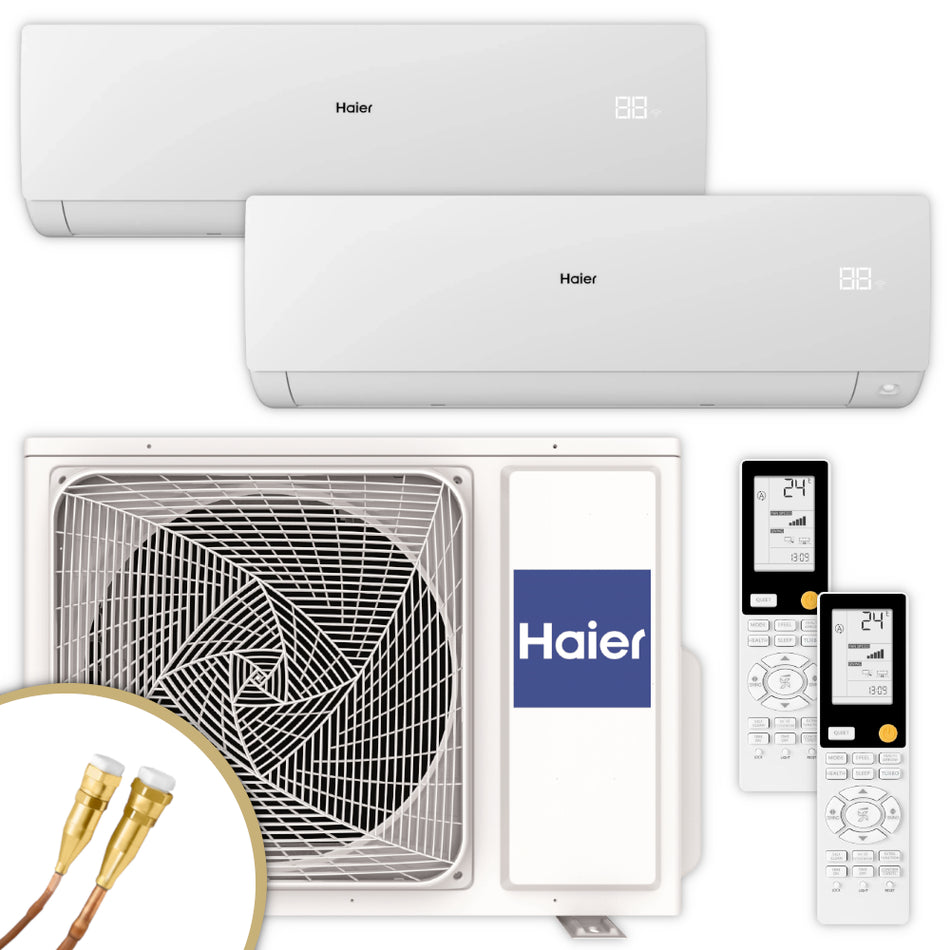 Haier Klimaanlage Serene Set mit zwei Innengeraeten oben, Aussengeraet unten und zwei Fernbedienung rechts; Quick-Connect | Klimaworld.com