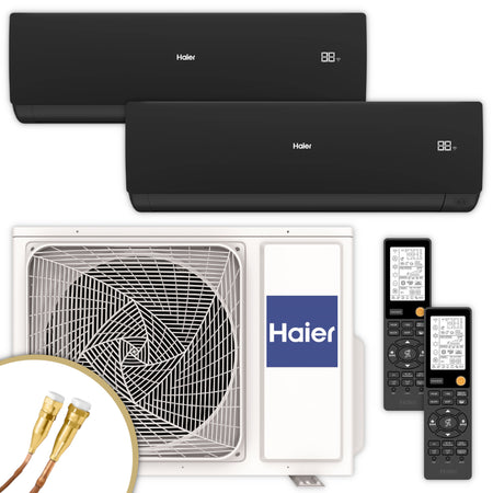 Haier Klimaanlage Serene Set mit zwei schwarzen Innengeraeten oben, weissem Aussengeraet unten und zwei schwarzen Fernbedienung rechts; Quick-Connect | Klimaworld.com