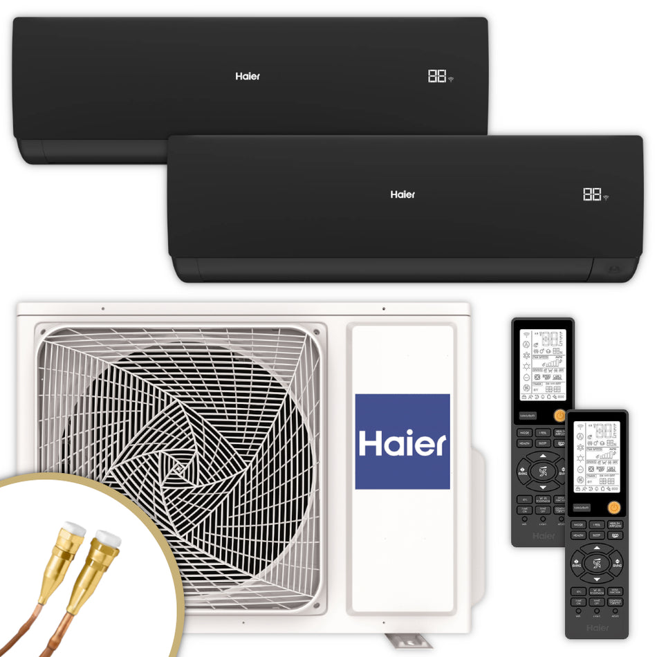 Haier Klimaanlage Serene Set mit zwei schwarzen Innengeraeten oben, weissem Aussengeraet unten und zwei schwarzen Fernbedienung rechts; Quick-Connect | Klimaworld.com