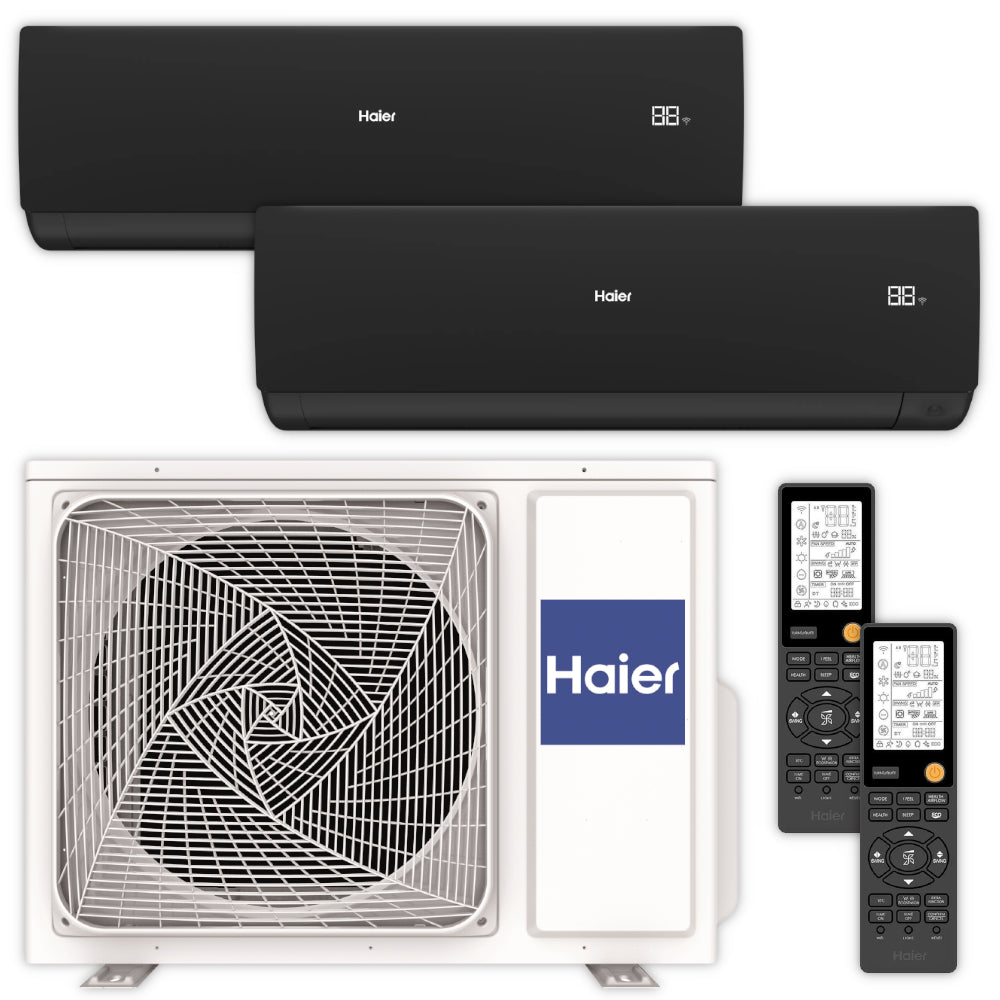 Haier Klimaanlage Serene Set mit zwei schwarzen Innengeraeten oben, weissem Aussengeraet unten und zwei schwarzen Fernbedienungen rechts | Klimaworld.com