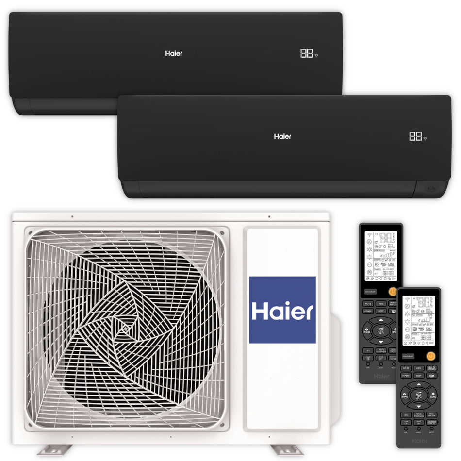 Haier Klimaanlage Serene Set mit zwei schwarzen Innengeraeten oben, weissem Aussengeraet unten und zwei schwarzen Fernbedienungen rechts | Klimaworld.com