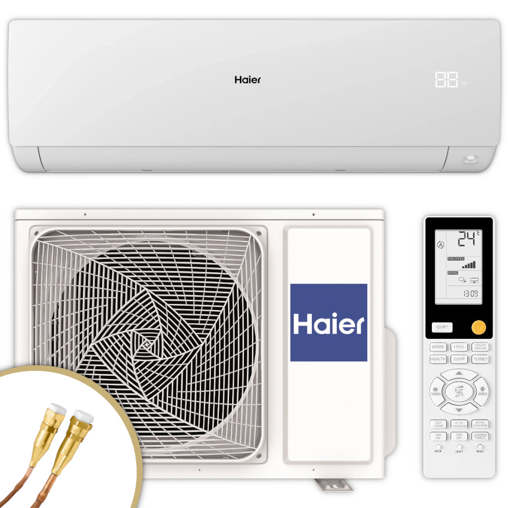 Haier Klimaanlage Serene Set mit Innengeraet oben, Aussengeraet unten und Fernbedienung rechts, Quick-Connect Leitungen | Klimaworld.com