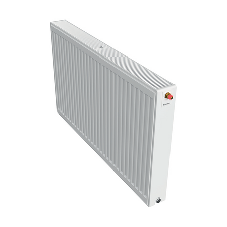 profilierter Ventilkompaktheizkoerper Logatrend in Weiss mit integriertem Ventil und Stopfen mit Buderus Logo seitlich | Klimaworld.com