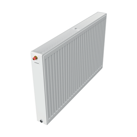 profilierter Ventilkompaktheizkoerper Logatrend in Weiss mit integriertem Ventil und Stopfen mit Buderus Logo seitlich | Klimaworld.com