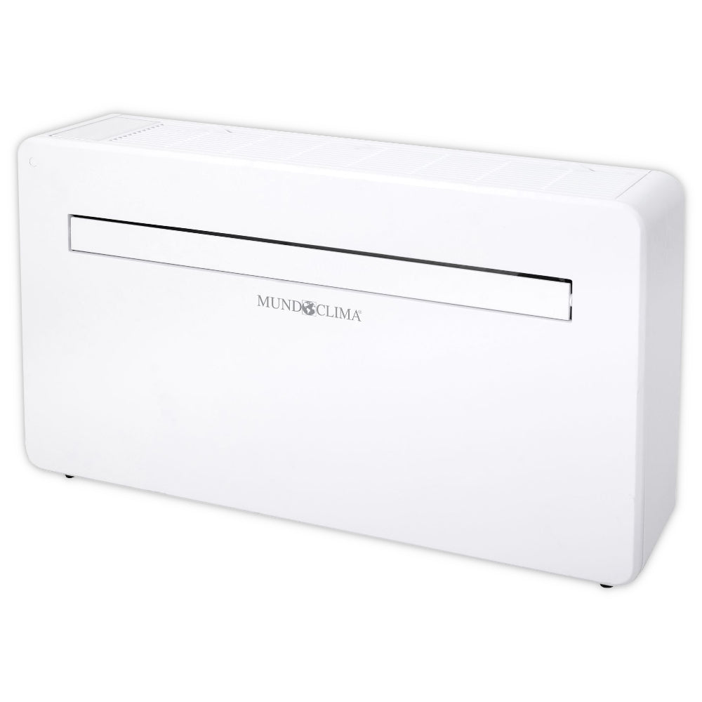 MundoClima Monoblock Klimageraet MUSER-10-H12 (MC-CL20100), weisses Gehaeuse mit schmalem Luftschlitz oben, Logo mittig | Klimaworld.com
