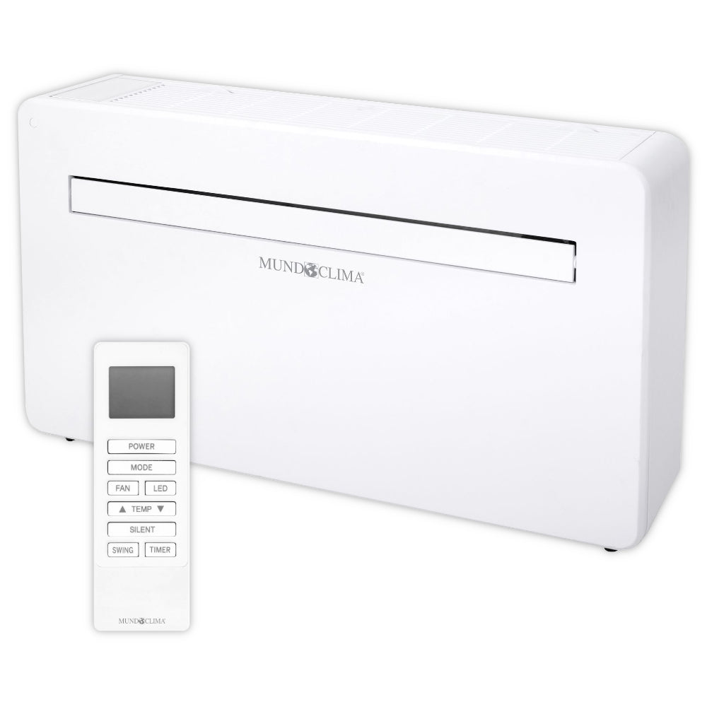 MundoClima Monoblock Klimageraet MUSER-10-H12 (MC-CL20100), weisses Geraet mit Luftschlitz und Logo mittig darunter sowie weisser Fernbedienung | Klimaworld.com
