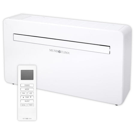 MundoClima Monoblock Klimageraet MUSER-10-H12 (MC-CL20100), weisses Geraet mit Luftschlitz und Logo mittig darunter sowie weisser Fernbedienung | Klimaworld.com
