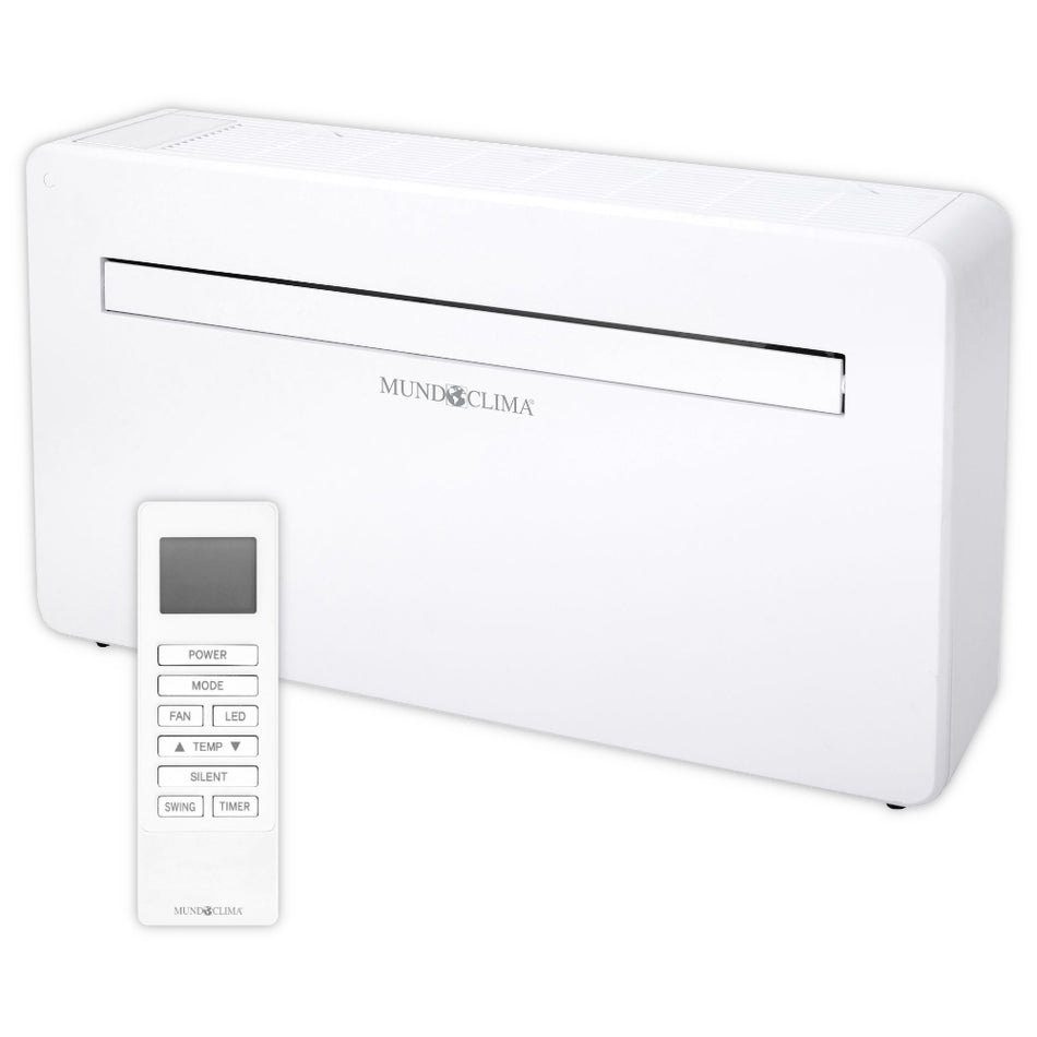 MundoClima Monoblock Klimageraet MUSER-10-H12 (MC-CL20100), weisses Geraet mit Luftschlitz und Logo mittig darunter sowie weisser Fernbedienung | Klimaworld.com
