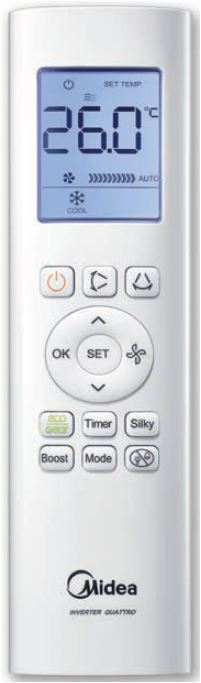 Midea Fernbedienung Ultimate Comfort RG58N(B2H)BGEF, weiss mit blauem Display 26,0 °C Anzeige und Bedientasten | Klimaworld.com
