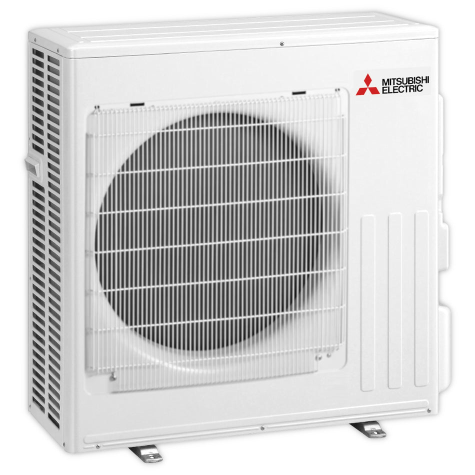 Mitsubishi Klimaanlage Multisplit Aussengeraet MUZ-LN, weiss mit schwarzem Ventilator hinter Schutzgitter, Markenlogo rechts oben | Klimaworld.com