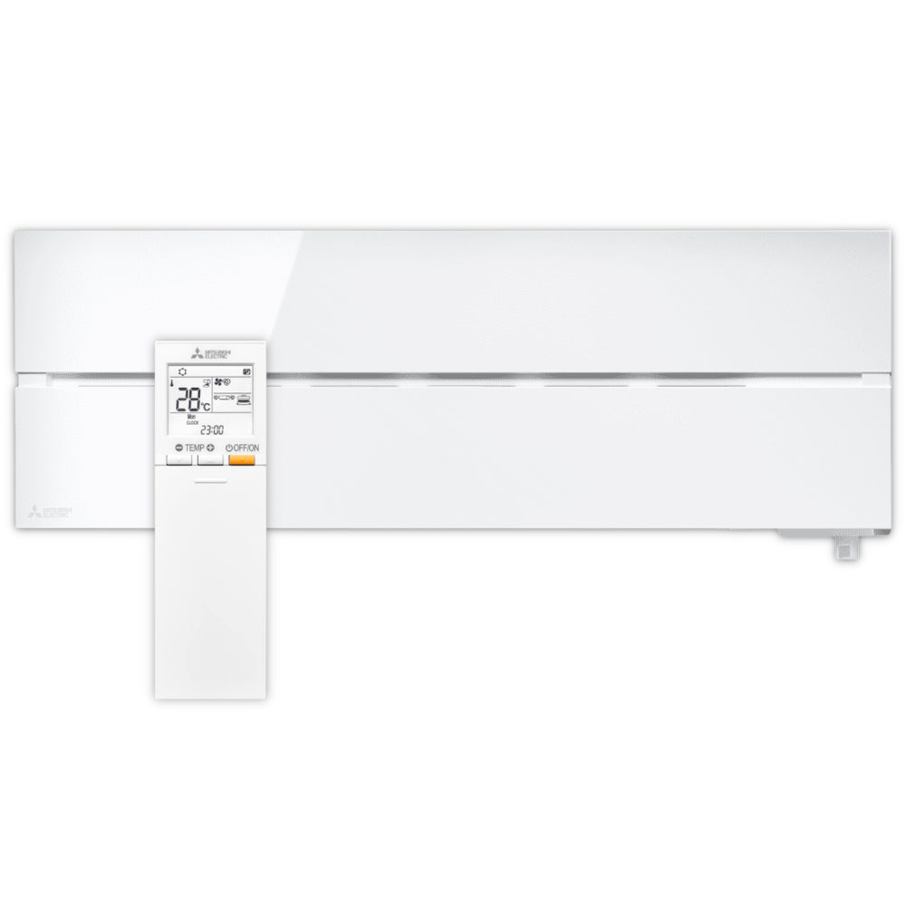 Mitsubishi Klimaanlage Wandgeraet Diamond MSZ-LN, weisses (natural white) Wandgeraet mit sichtbarem Luftauslass mittig, weisse Fernbedienung davor | Klimaworld.com
