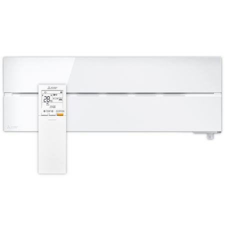Mitsubishi Klimaanlage Wandgeraet Diamond MSZ-LN, weisses (natural white) Wandgeraet mit sichtbarem Luftauslass mittig, weisse Fernbedienung davor | Klimaworld.com
