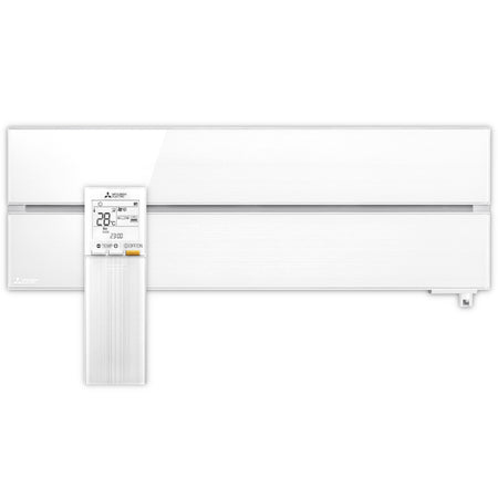 Mitsubishi Klimaanlage Wandgeraet Diamond MSZ-LN, weisses (pearl white) Wandgeraet mit sichtbarem Luftauslass mittig, weisse Fernbedienung davor | Klimaworld.com

