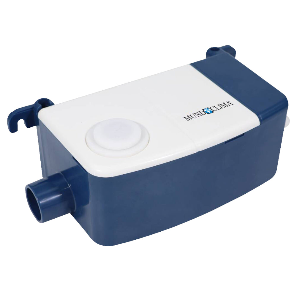Mundoclima Easy Tray Kondensatpumpe blau-weiss mit seitlichem Rohranschluss, Logo mittig-rechts | Klimaworld.com
