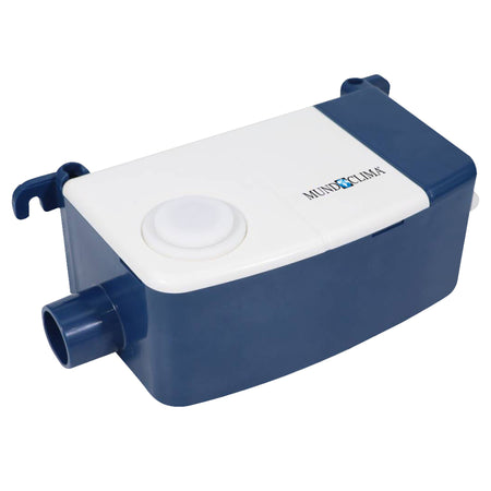 Mundoclima Easy Tray Kondensatpumpe blau-weiss mit seitlichem Rohranschluss, Logo mittig-rechts | Klimaworld.com
