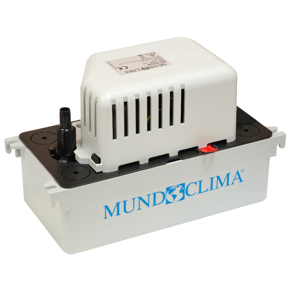 Mundoclima Kreiselpumpe mit Behaelter SE300/4, weisses Kondensatpumpen-Geraet mit schwarzem Anschluss, Logo in Blau | Klimaworld.com
