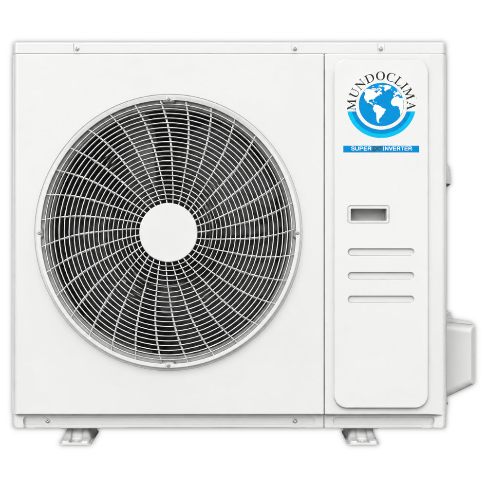 Mundoclima MUCOR-H14 weisses Aussengeraet mit grossem Ventilatorgitter und Logo | Klimaworld.com
