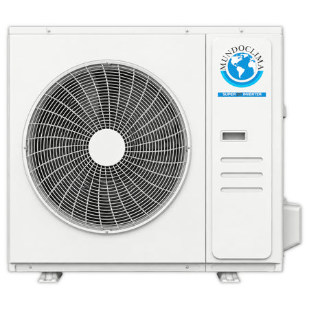 Mundoclima MUCOR-H14 weisses Aussengeraet mit grossem Ventilatorgitter und Logo | Klimaworld.com
