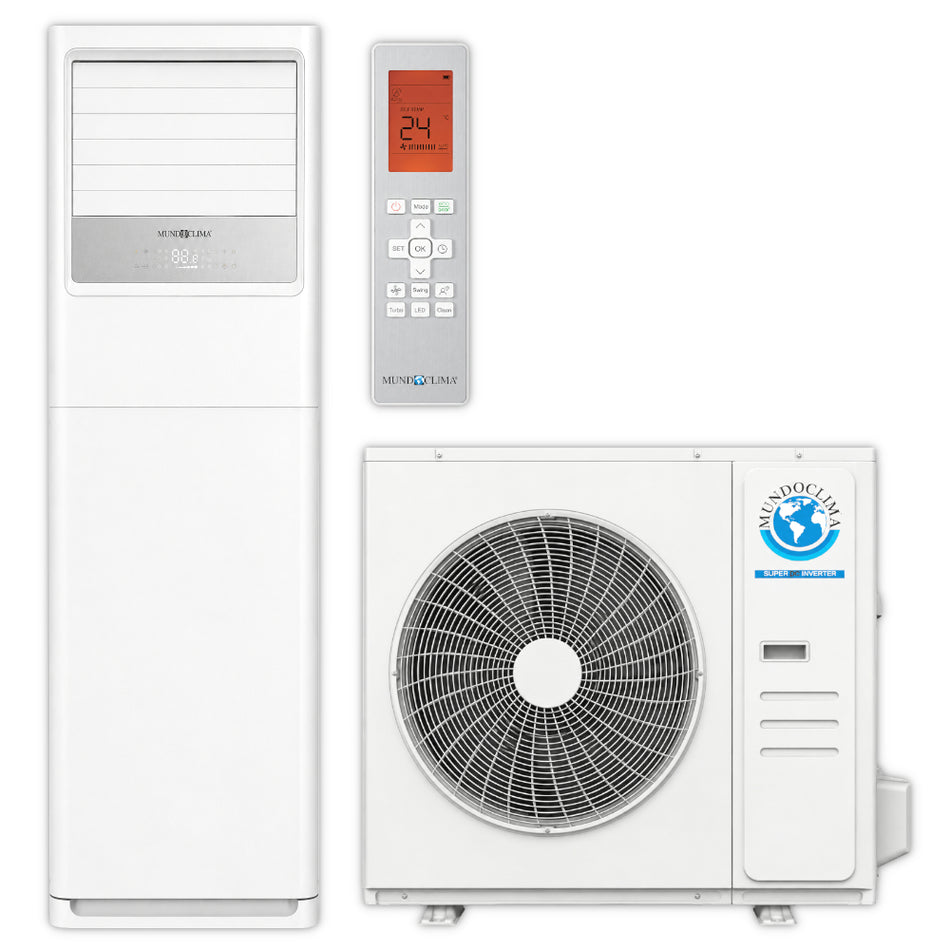 Mundoclima MUCOR-H14 Saeulenklimageraet im Set: weisse Saeule, graue digitale Fernbedienung und weisses Aussengeraet mit Ventilator | Klimaworld.com
