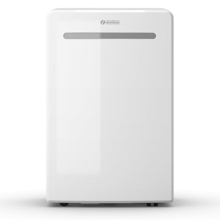 OLIMPIA SPLENDID DOLCECLIMA AIRA, weisse mobile Klimaanlage frontal mit grauem Luftauslass, sichtbaren Rollen | Klimaworld.com

