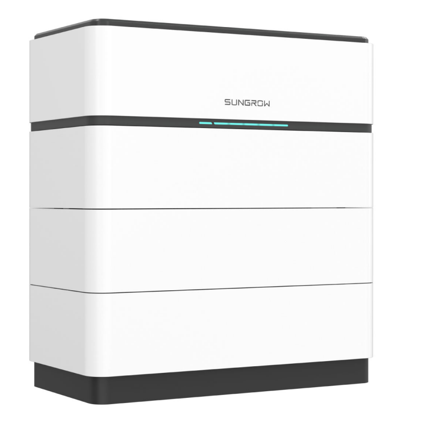 Sungrow weisser, rechteckiger Batteriespeicher mit schwarzen Akzenten und Schriftzug | Klimaworld.com