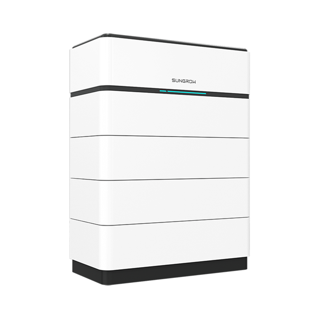 Sungrow weisser, rechteckiger Batteriespeicher mit schwarzen Akzenten und Schriftzug | Klimaworld.com