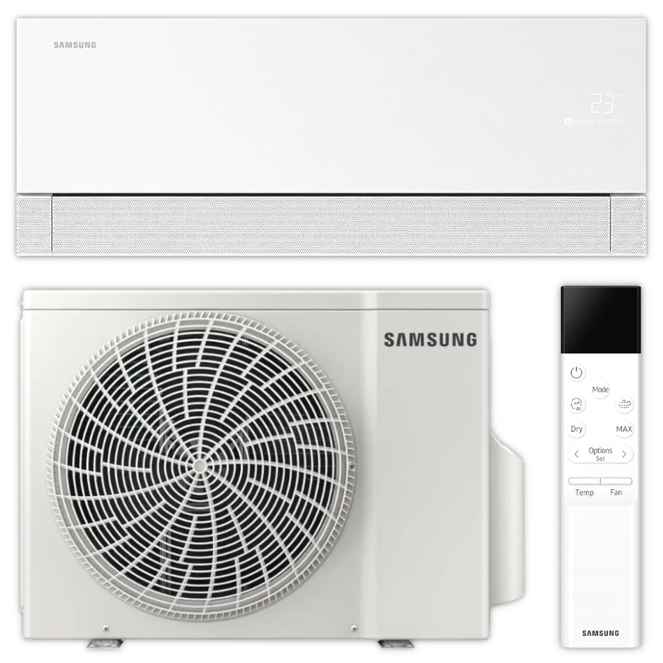 Samsung Klimaanlage WindFree Première+ mit weissem Wandgeraet, weissem Aussengeraet und weisser Fernbedienung frontal | Klimaworld.com
