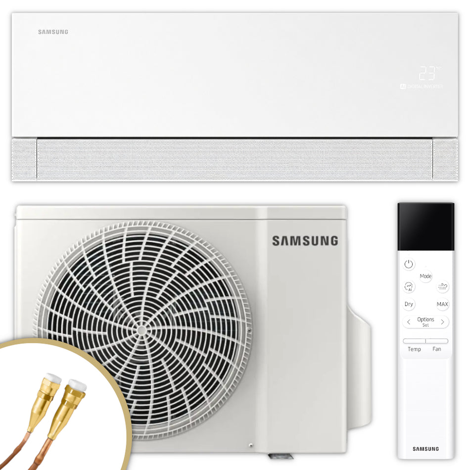 Samsung Klimaanlage WindFree Première+ mit weissem Wandgeraet, weissem Aussengeraet und weisser Fernbedienung frontal, Quick-Connect Anschluesse | Klimaworld.com
