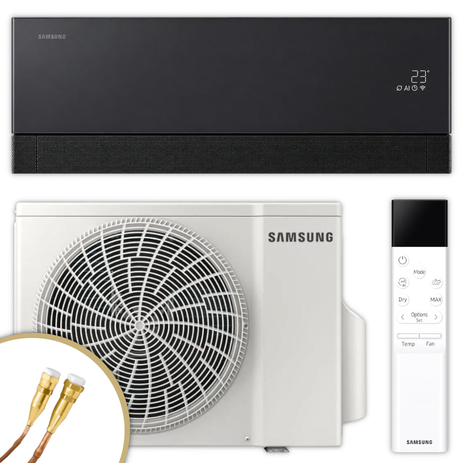 Samsung Klimaanlage WindFree Première+ mit schwarzem Wandgeraet, weissem Aussengeraet und weisser Fernbedienung frontal, Quick-Connect Anschluesse | Klimaworld.com
