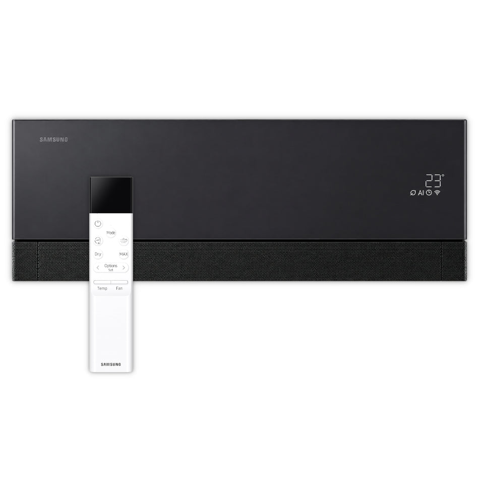 Samsung Klimaanlage schwarzes Wandgeraet WindFree Première+, mit 23°-Anzeige und feinem Lochraster an Front sowie weisse Fernbedienung | Klimaworld.com

