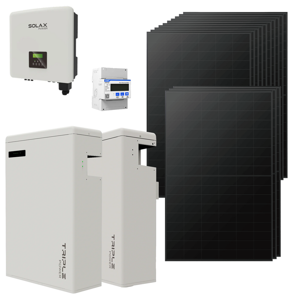 SolaX Solarset bestehend aus weissem Batteriespeichern, Wechselrichter und schwarzen Solarmodulen  | Klimaworld.com