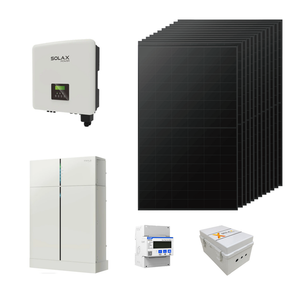 SolaX Solarset bestehend aus weissem Batteriespeichern, Wechselrichter und schwarzen Solarmodulen  | Klimaworld.com