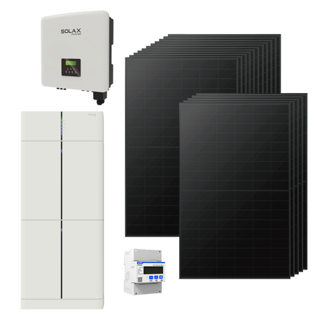 SolaX Solarset bestehend aus weissem Batteriespeichern, Wechselrichter und schwarzen Solarmodulen  | Klimaworld.com
