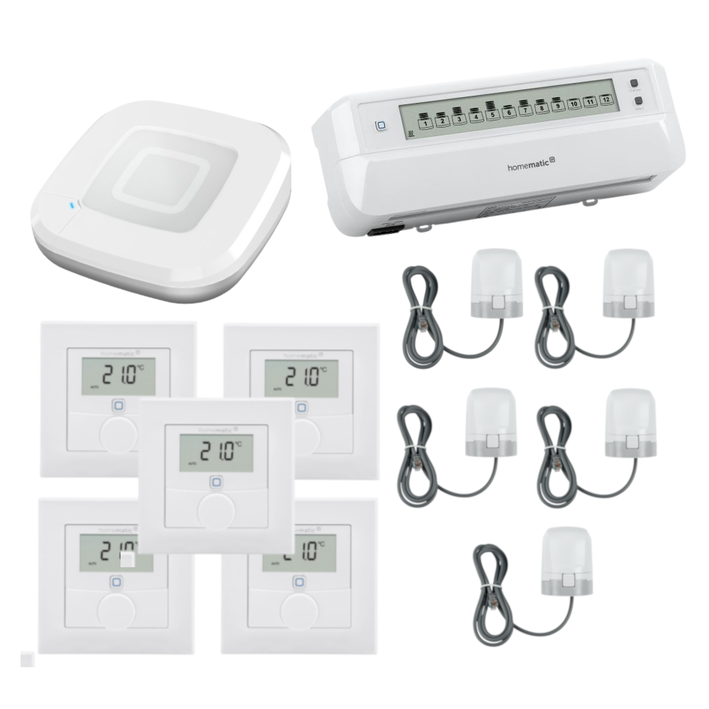 Homematic IP Starter Set mit Access Point, Fussbodenheizungsaktor, 5 x Wandthermostat, 5 x Stellantrieb motorisch in Weiss | Klimaworld.com