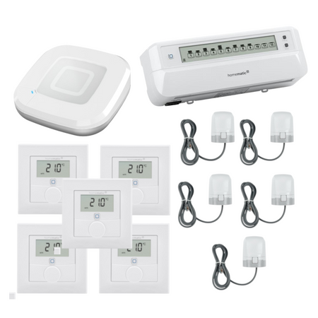 Homematic IP Starter Set mit Access Point, Fussbodenheizungsaktor, 5 x Wandthermostat, 5 x Stellantrieb motorisch in Weiss | Klimaworld.com