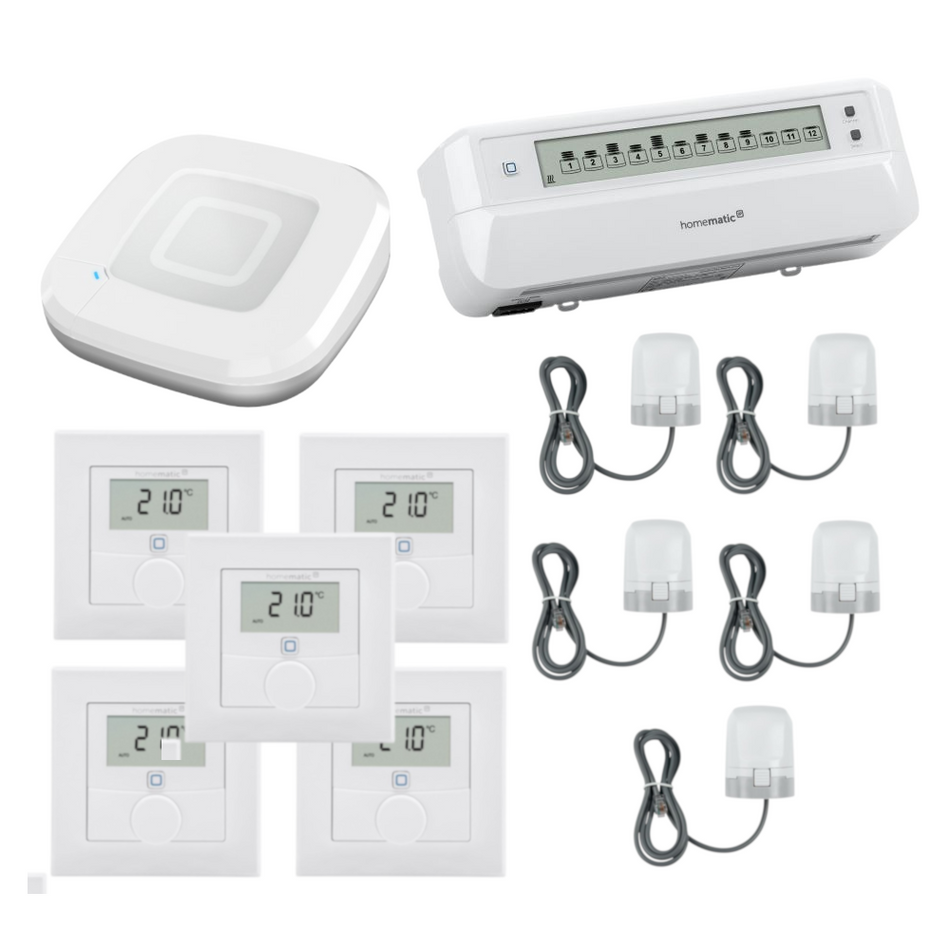 Homematic IP Starter Set mit Access Point, Fussbodenheizungsaktor, 5 x Wandthermostat, 5 x Stellantrieb motorisch in Weiss | Klimaworld.com