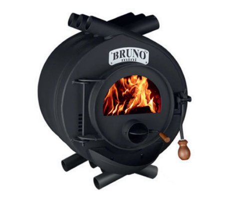 Bruno® Mini I Werkstattofen, schwarz und rund, mit Sichtfenster, Flammen, Holzgriff und Rohrfuessen | Klimaworld.com
