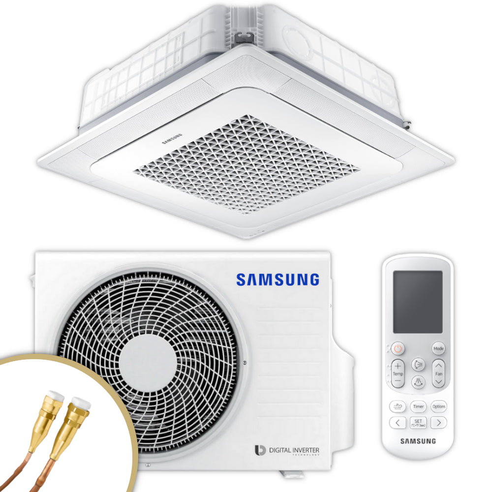 Samsung WindFree 4-Wege-Deckenkassette Set in Weiss mit quadratischem Innengeraet, Aussengeraet mit Ventilatorgitter, Fernbedienung, Quick-Connect Anschluesse | Klimaworld.com