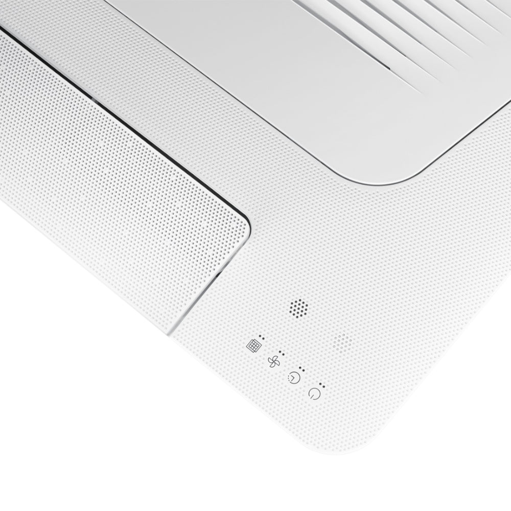 Samsung WindFree 1-Wege-Deckenkassette in Weiss, Detailaufnahme mit Symbolanzeigen und feiner Lochstruktur | Klimaworld.com