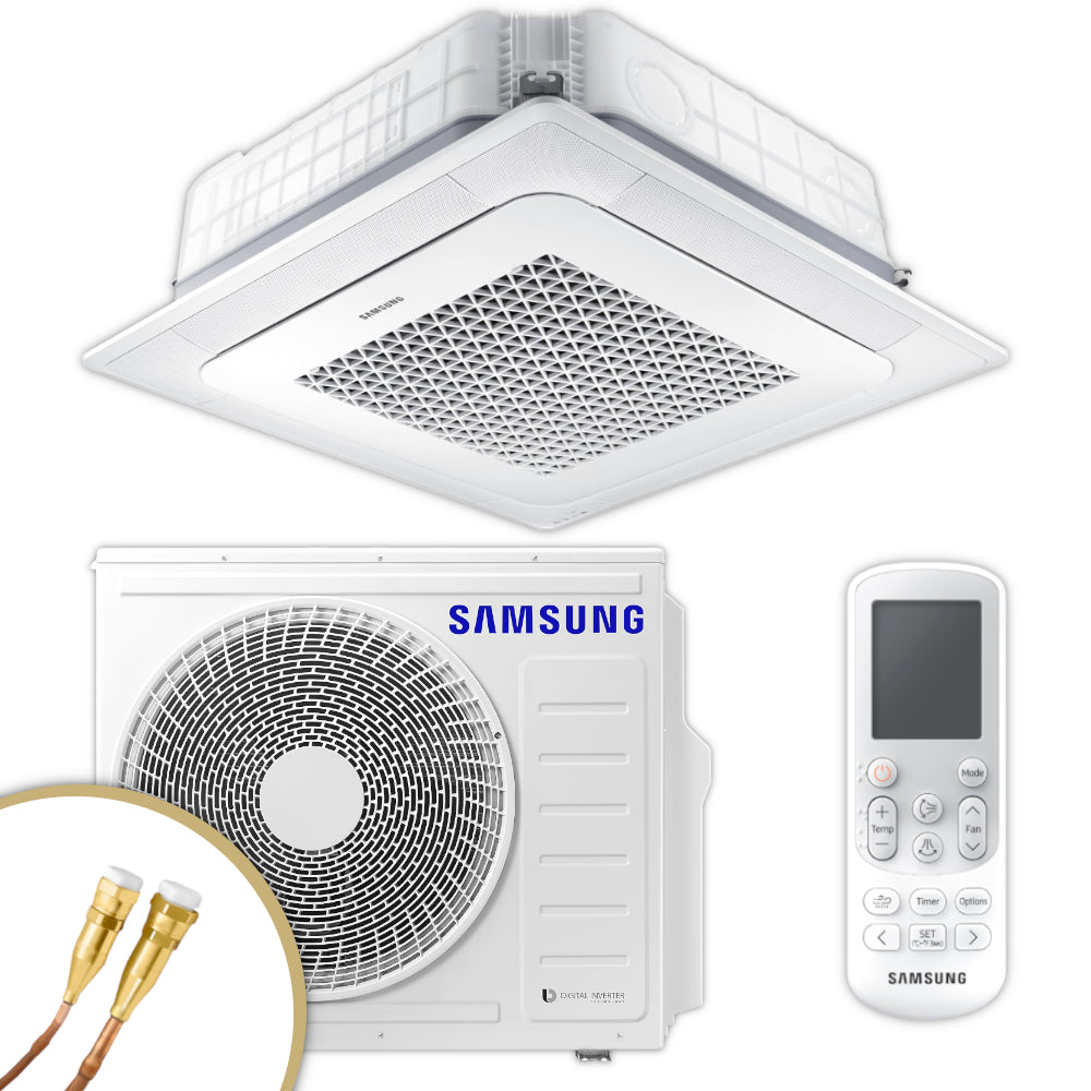 Samsung WindFree 4-Wege-Deckenkassette Set in Weiss mit quadratischem Innengeraet, Aussengeraet mit Ventilatorgitter, Fernbedienung, Quick-Connect Anschluesse| Klimaworld.com