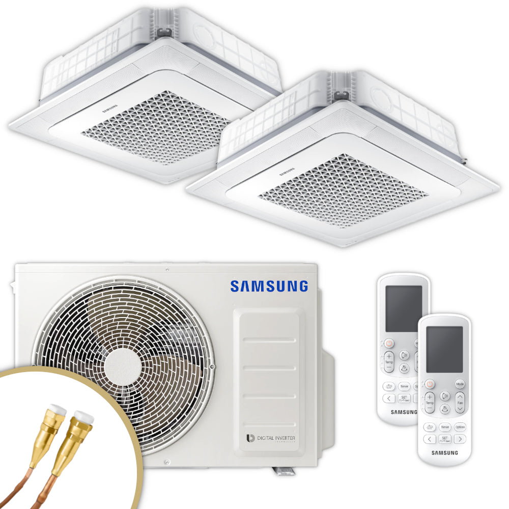 Samsung Mini-Deckenkassette WindFree Klimaanlage Set in Weiss mit 2 Innengeraeten, einem Aussengeraet, zwei Fernbedienungen, Qick-Connect Leitungen | Klimaworld.com