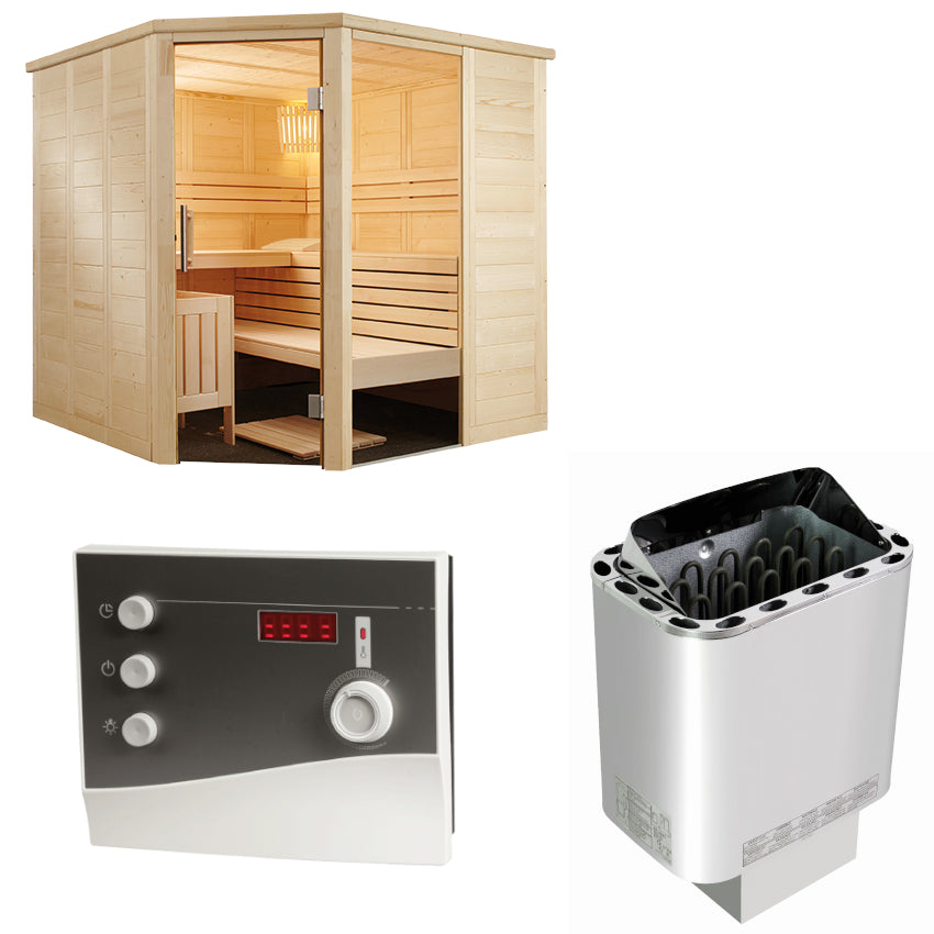 Sentiotec Sauna Set Alaska Corner mit Saunaofen Nordex Next und Steuerung K2-Next | klimaworld.com