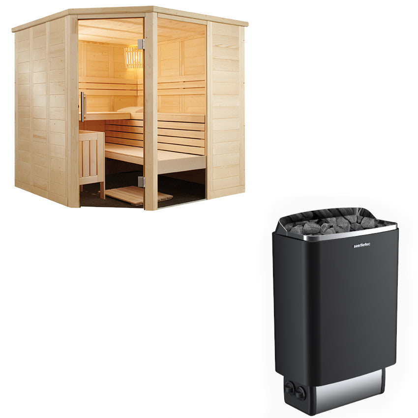 Sentiotec Sauna Set Alaska Corner mit Saunaofen 100 inkl. Steuerung | klimaworld.com