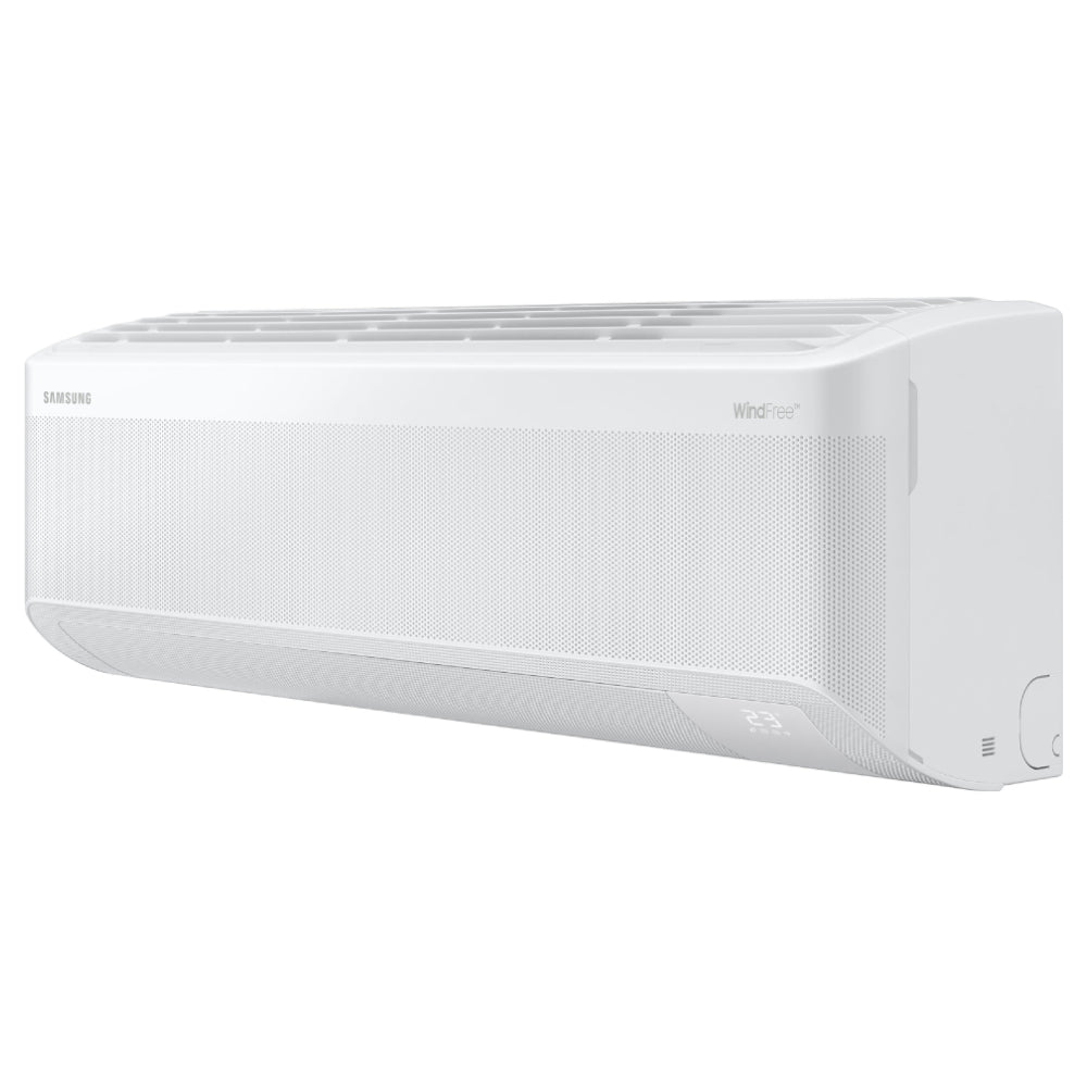 Samsung Klimaanlage Wandgeraet WindFree Avant AR70F09C1AWNEU in Weiss, schräge Seitenansicht mit Display unten rechts | Klimaworld.com