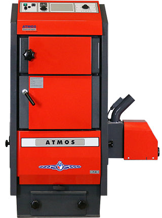 Atmos roter Pelletkessel P30 mit Brenner an der rechten Seite | klimaworld.com